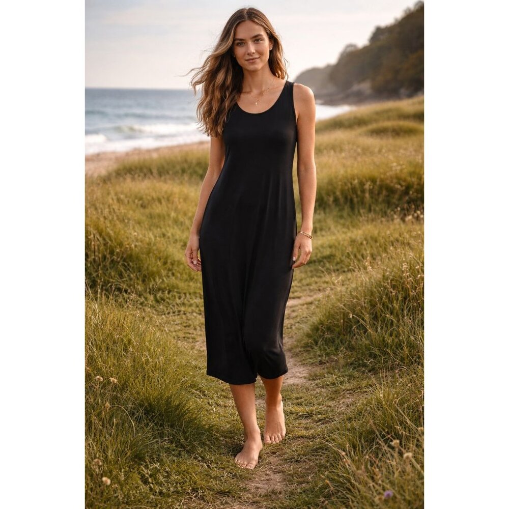 Quiet Luxury Eileen Fisher System Column Midi Tank Dress |Coastal Minimalist | L